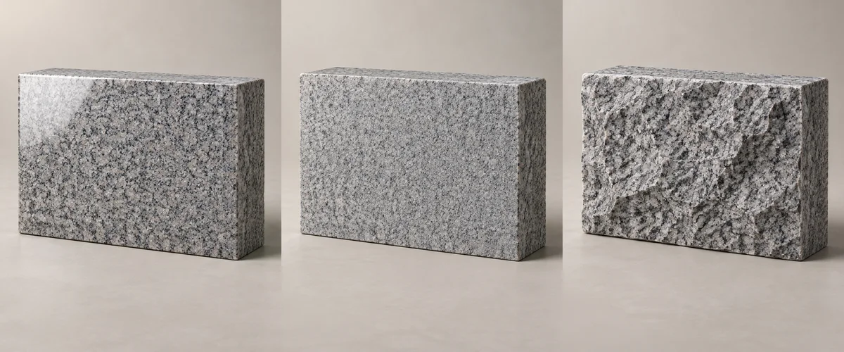 AI-generated finish illustration: Smooth polished grey granite face with a soft reflected highlight